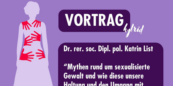 Silhouette of a person with a dress and several red handprints on their upper body. Text Feminist Fight Week 2024 Lecture hybrid by Dr. rer. soc. Dipl. pol. Katrin List with the title Myths around sexualized violence and how they determine how we deal with sexualized assaults. Purple background.