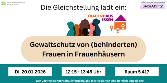 Werbebild vor weißem Hintergrund "Die Gleichstellung lädt ein: Gewaltschutz von (behinderten) Frauen in Frauenhäusern von dem Frauenhaus Essen. Vor türkisem Hintergrund stehen alle Infos: Am 20.01.2026 von 12:15 bis 13:45 Uhr in Raum 5.417. Der Vortrag ist hochschulöffentlich, alle Interessierten sind eingeladen. 