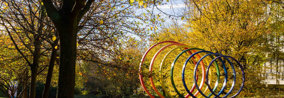 Steel spectral rings surrounded by trees in autumn.